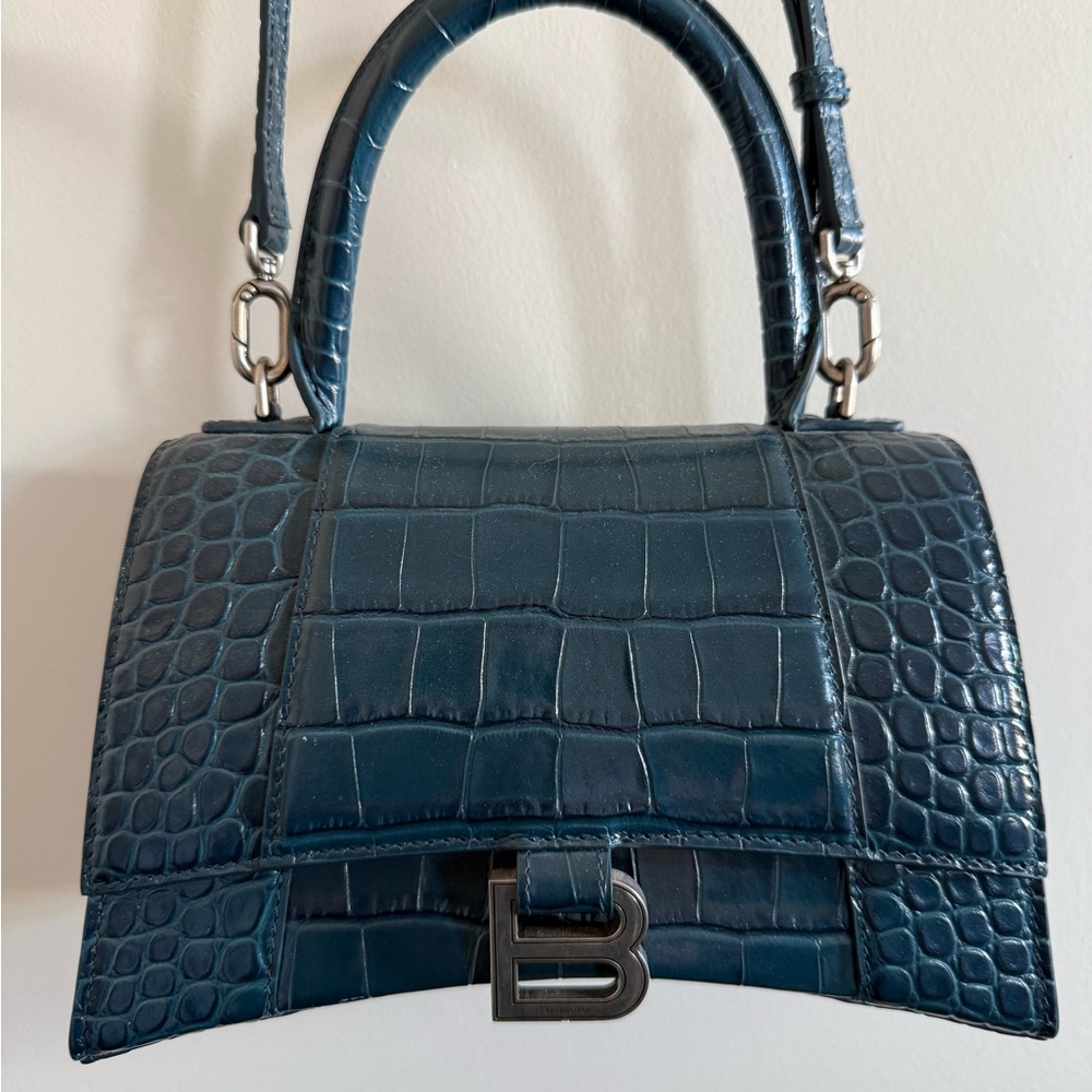 Balenciaga Hourglass Handbag Small in Teal/Blue Crocodile Embossed Calfskin